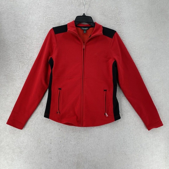 Lauren Ralph Lauren Jacket Womens Medium Red Pique‎ Jersey Knit Full Zip Pockets - Picture 1 of 13